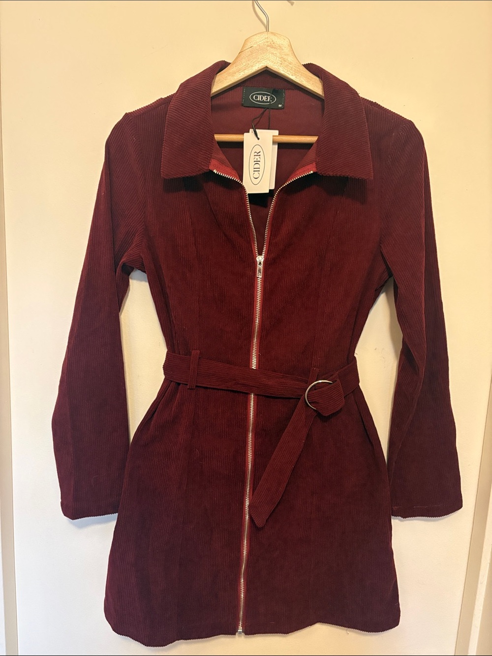 Women's Cider Burgundy Mod Mini Corduroy Zip-Front Belted Dress